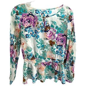 Charming Charlie Women's Floral Top Blouse Long Sleeve Peplum Multicolor Medium